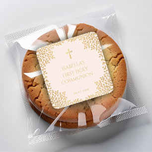 Mädchen Erste Kommunion Rosa Falsche Gold Blätter  Quadratischer Aufkleber