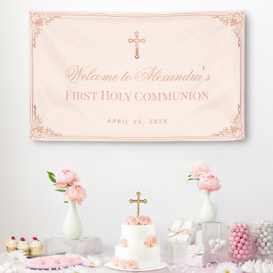 Mädchen Erste Kommunion Rosa Roségold Kreuz Vintag Banner