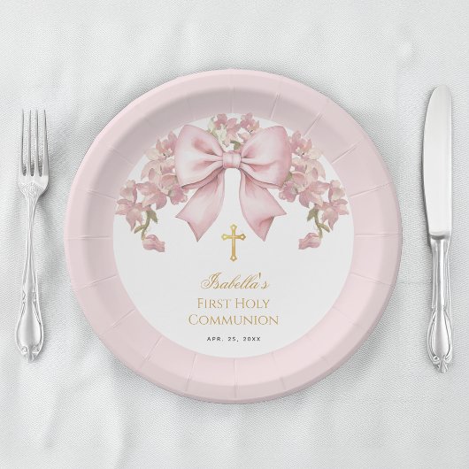 Mädchen Erste Kommunion Rosa Schleife Blumen & Gol Pappteller
