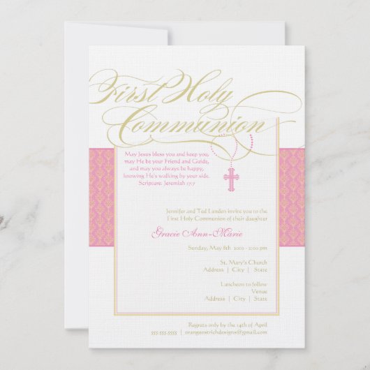 Mädchen-erste Kommunions-Einladung - rosa 12x18 Einladung (Vorderseite)