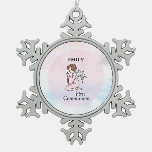 Mädchen, Erster Kommunion Angel Schneeflocken Zinn-Ornament (Vorderseite)