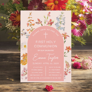 Mädchen Erstkommunion Wildblumen Rosa Bogen Floral Einladung