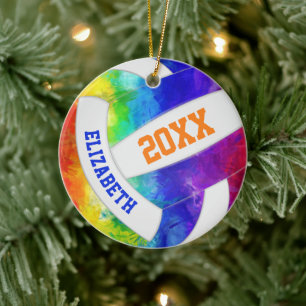 Mädchen farbenfrohe Regenbogenkuchen Volleyball Keramik Ornament