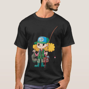 Mädchen Fischer mit einer Angelrute und einem abge T-Shirt