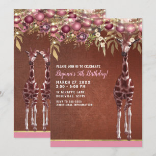 Mädchen Floral Giraffe Rosa & Gold Geburtstagsfeie Einladung