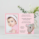 Mädchen Foto 1 Jahr Geburtstag Koala Bär Einladung (Stehend Vorderseite)