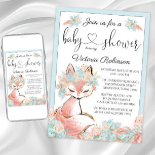 Mädchen Fuchs Rosa Türkis Gold Aquarell Baby Showe Einladung