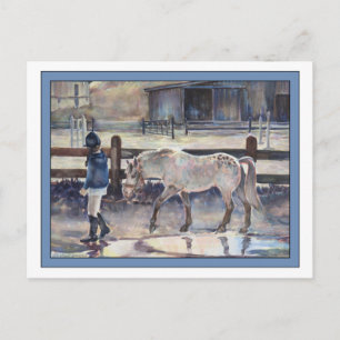 Mädchen führt ihr Pony Artwork Postkarte