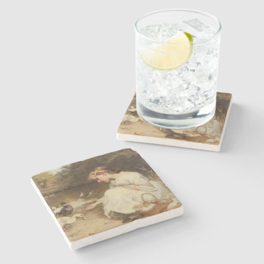 Mädchen Fütternd Enten (von Frederick Morgan) Steinuntersetzer (Seitenansicht)