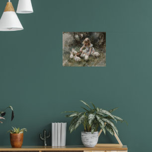 Mädchen Fütternd weiße Kaninchen Impressionistisch Poster