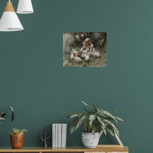 Mädchen Fütternd weiße Kaninchen Impressionistisch Poster (Wohnzimmer 1)