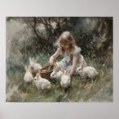 Mädchen Fütternd weiße Kaninchen Impressionistisch Poster (Vorne)