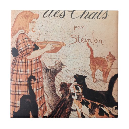 Mädchen füttert Katzen Vintage Steinlen Poster Fliese (Vorderseite)