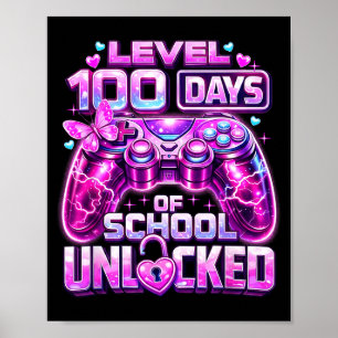 Mädchen-Gamerin pink Level 100 Schultage freigesch Poster