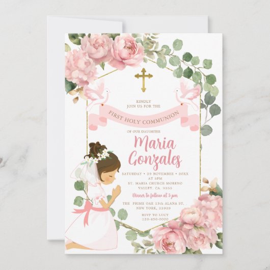Mädchen Gebet Erste heilige Kommunion Rosa Bläseri Einladung (Vorderseite)