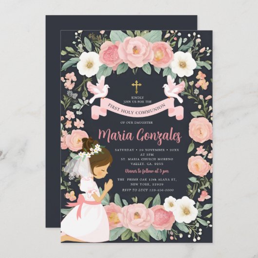 Mädchen Gebet Erste heilige Kommunion Rosa Bläseri Einladung (Vorne/Hinten)