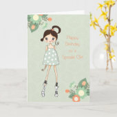 Mädchen Geburtstag, Brünett, Grün blühen Karte (Gelbe Blume)