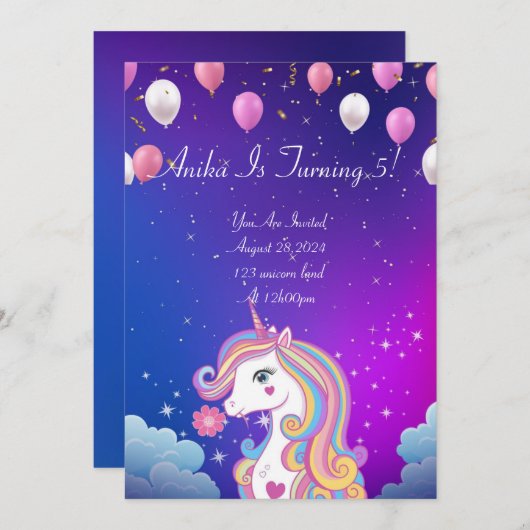 Mädchen Geburtstag Einhorn magische Einladung (Vorne/Hinten)