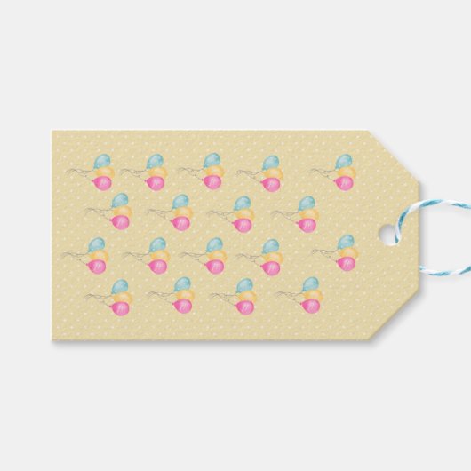 Mädchen Geburtstaggelbe Polka-Punkte und Balloons Geschenkanhänger (Vorderseite (Horizontal))