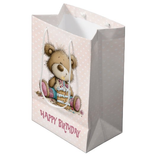 Mädchen Geburtstags-Teddybär-Geschenk Mittlere Geschenktüte (Vorderseite Schrägansicht)