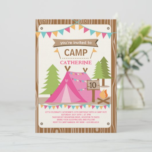Mädchen Geburtstagsfeier Camping Geburtstagsfeier Einladung (Stehend Vorderseite)