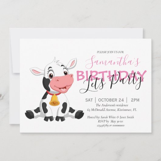 Mädchen Geburtstagsfeier Kuh Einladung (Vorderseite)