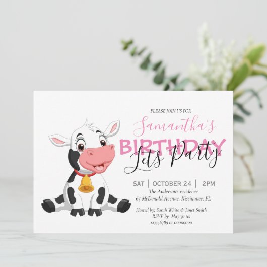 Mädchen Geburtstagsfeier Kuh Einladung (Stehend Vorderseite)