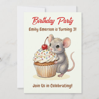Mädchen-Geburtstagsfeier | Maus- und Cupcake-Thema Einladung