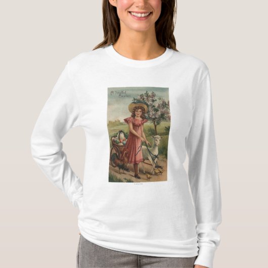 Mädchen-gehendes Lamm, Küken und Hahn T-Shirt (Vorderseite)