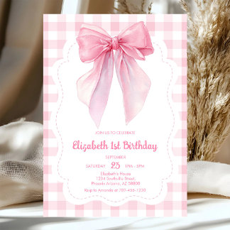 Mädchen Gingham Coquette rosa Schleife Geburtstags Einladung