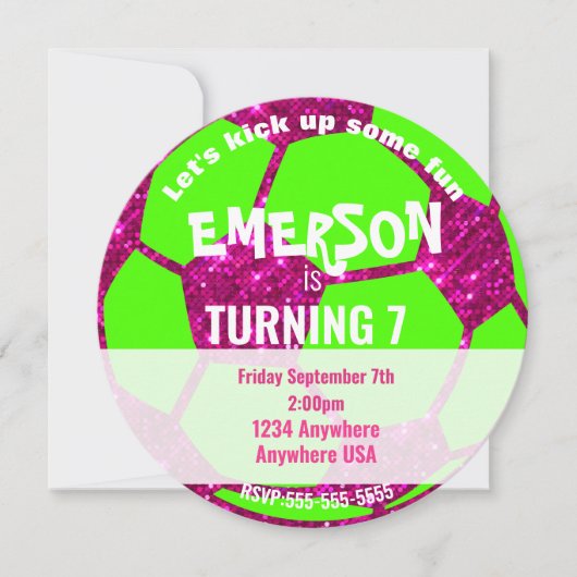 Mädchen-Glitzer-Fußball-Ball-Geburtstag, rosa Neon Einladung (Vorderseite)