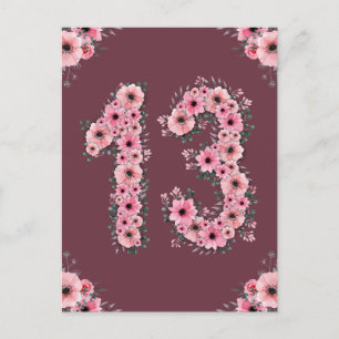 Mädchen Großer 13. Geburtstag Rosa Blumen Grüne Bl Postkarte
