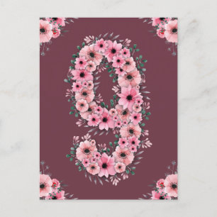 Mädchen Großer 9. Geburtstag Rosa Blumen Grüne Blä Postkarte