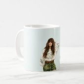 Mädchen Grüne Jeans Braune Haare Pony Kaffeetasse (Vorderseite Links)