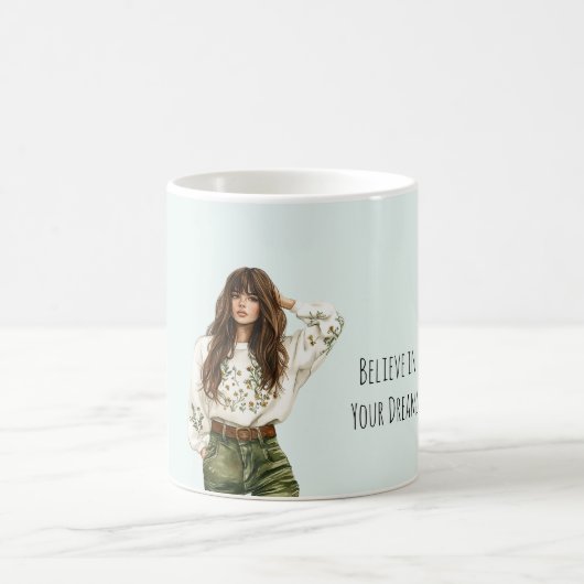 Mädchen Grüne Jeans Braune Haare Pony Kaffeetasse (Mittel)