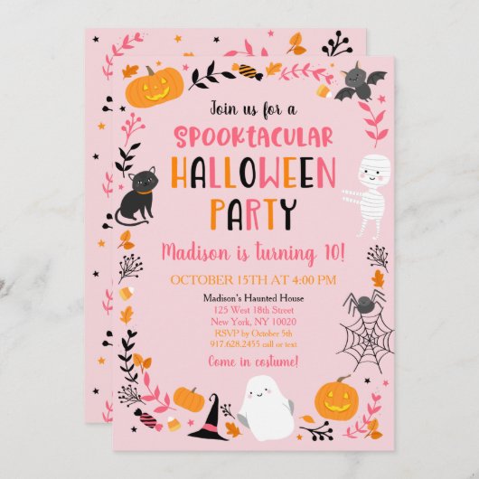 Mädchen Halloween Spooktacular Geburtstag Einladung (Vorne/Hinten)