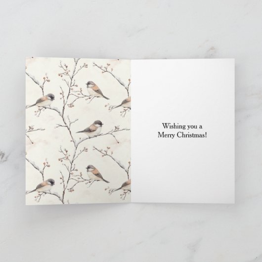 Mädchen hält Hirsch Vögel Baum Creme Weihnachten Karte (Innenseite)