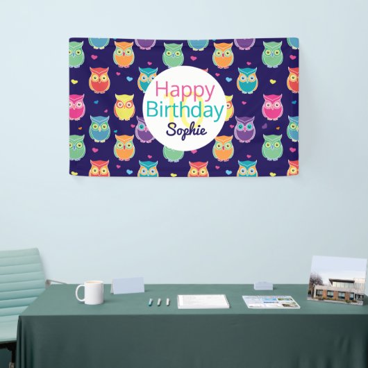 Mädchen Happy Birthday Blue Owl Muster Personalisi Banner (Messeveranstaltung)