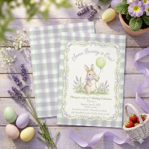 Mädchen Hase 1. Geburtstag, mit Lavendel-Gingham Einladung