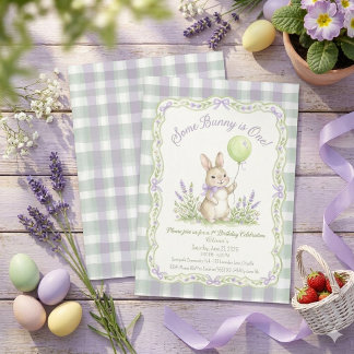 Mädchen Hase 1. Geburtstag, mit Lavendel-Gingham Einladung