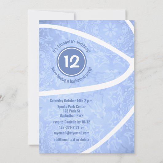 Mädchen hellblaue Basketball Geburtstagsparty Einladung (Vorderseite)
