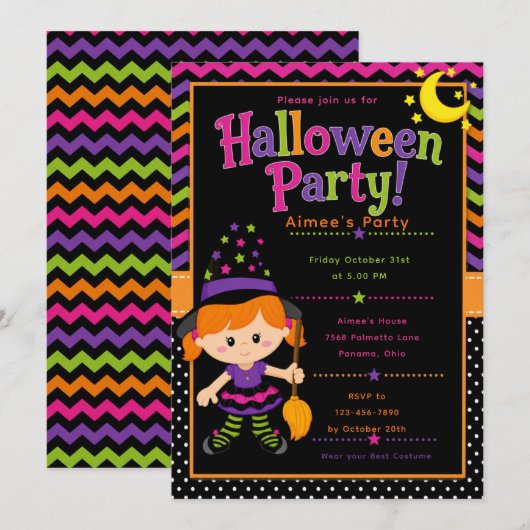 Mädchen Hexen Halloween-Party Einladung (Vorne/Hinten)