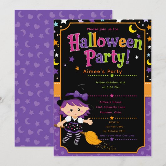 Mädchen Hexen Halloween-Party Einladung (Vorne/Hinten)