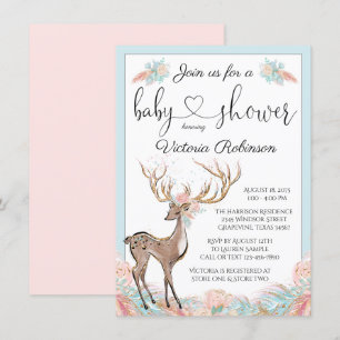 Mädchen Hirsch Rosa Türkis Aquarell Baby Shower Einladung