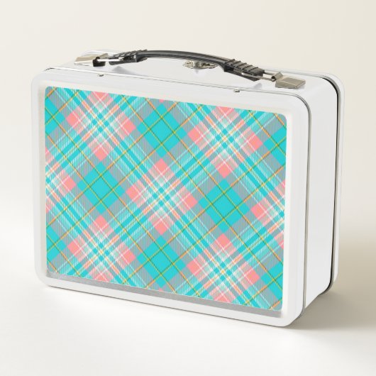 Mädchen Hübsch Aquamarin Blau und Rosa Karierte Ki Metall Brotdose (Rückseite)
