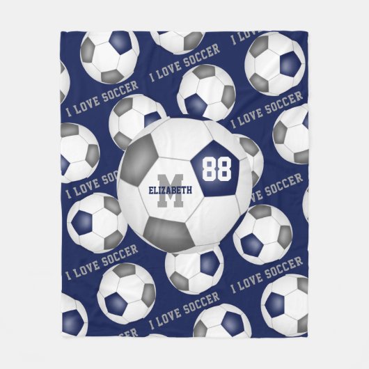 Mädchen Ich Liebe Fußball Text blau grau schwarz Fleecedecke (Vorderseite)