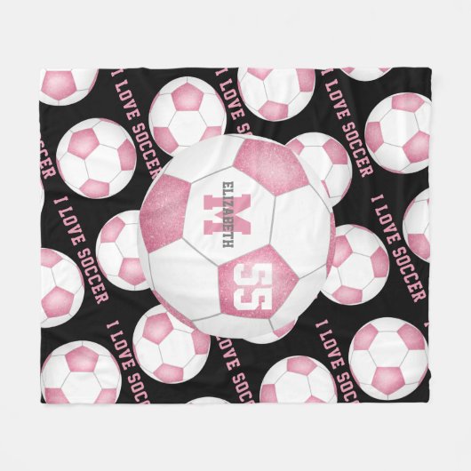 Mädchen Ich Liebe Fußball-Text rosa Schwarz Fleecedecke (Vorderseite (Horizontal))