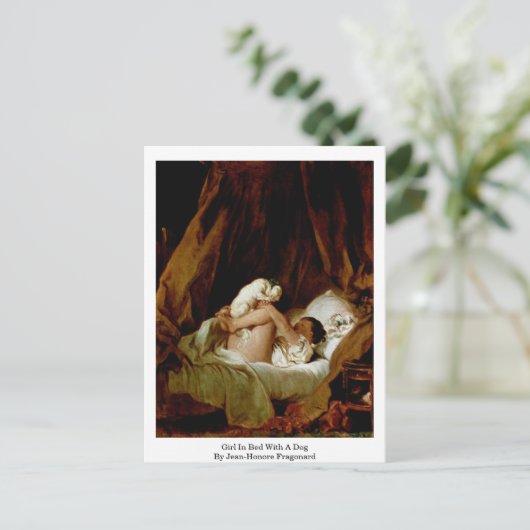 Mädchen im Bett mit einem Hund von Jean-Honore Fra Postkarte (Stehend Vorderseite)