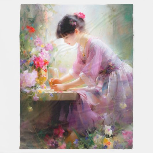 Mädchen im Blumengarten Fleecedecke (Vorderseite)