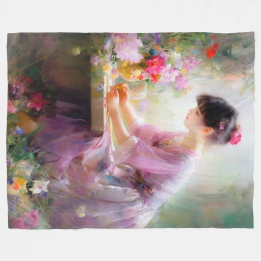 Mädchen im Blumengarten Fleecedecke (Vorderseite (Horizontal))